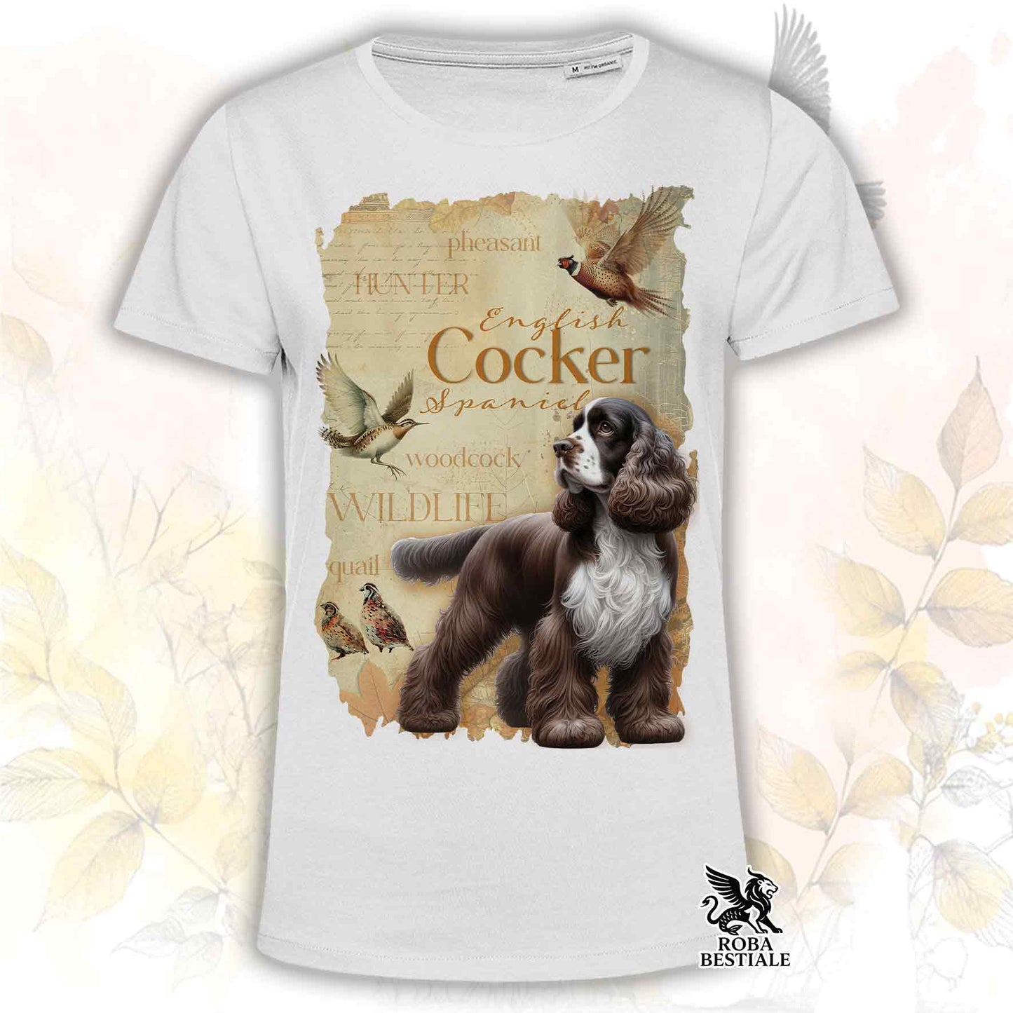 T-Shirt FIELD LEGACY - COCKER SPANIEL INGLESE Fegato e Bianco - Bianca o Beige, da Uomo o da Donna - dalla XS alla 5XL
