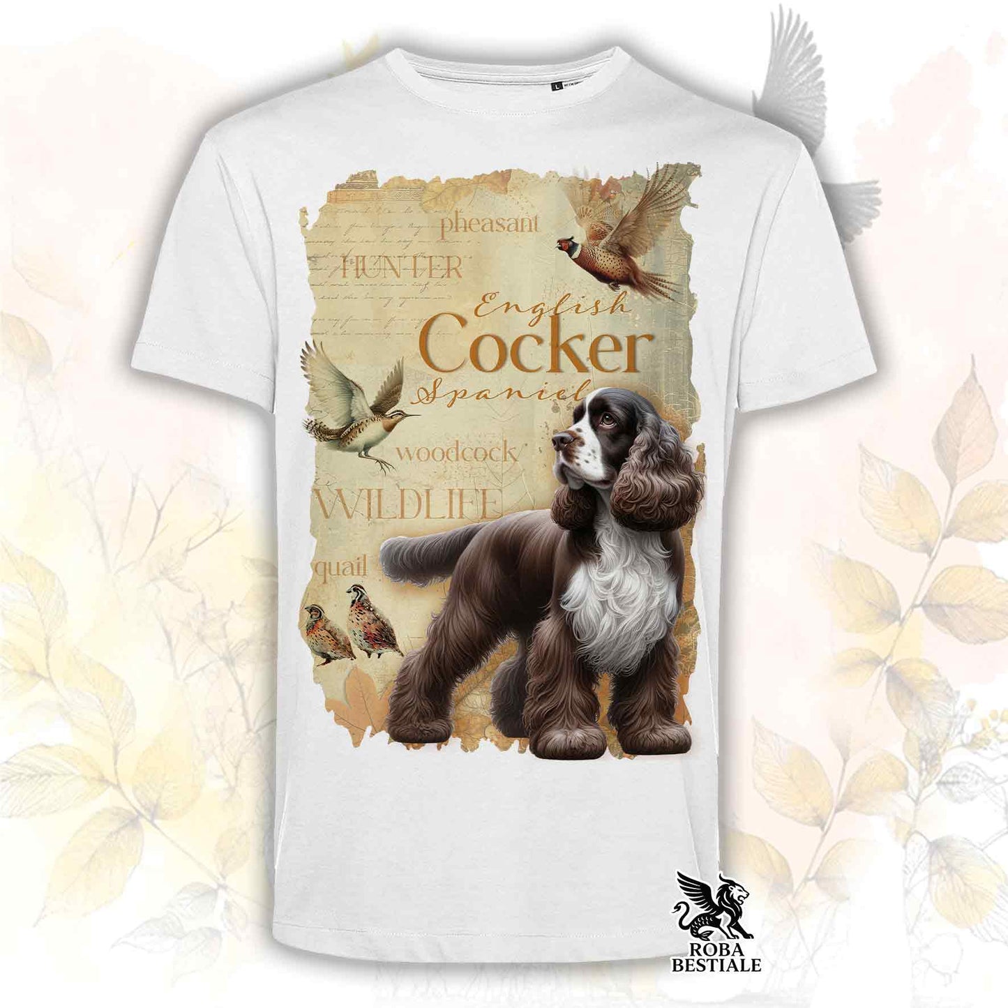 T-Shirt FIELD LEGACY - COCKER SPANIEL INGLESE Fegato e Bianco - Bianca o Beige, da Uomo o da Donna - dalla XS alla 5XL