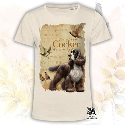 T-Shirt FIELD LEGACY - COCKER SPANIEL INGLESE Fegato e Bianco - Bianca o Beige, da Uomo o da Donna - dalla XS alla 5XL