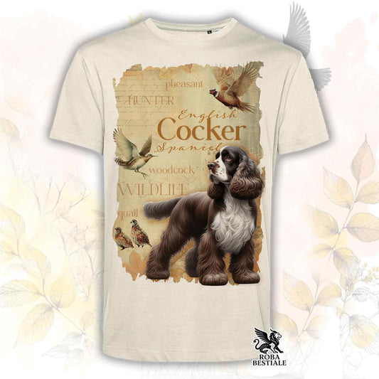 T-Shirt FIELD LEGACY - COCKER SPANIEL INGLESE Fegato e Bianco - Bianca o Beige, da Uomo o da Donna - dalla XS alla 5XL