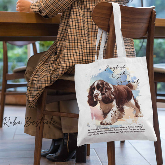 Shopper BEHAVIOR - COCKER SPANIEL INGLESE Fegato e Bianco - Diversi colori disponibili, 100% Cotone
