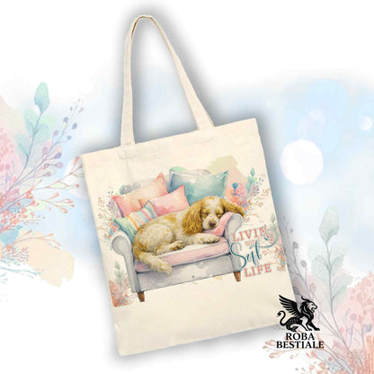 Tote Bag SOFT LIFE - COCKER SPANIEL INGLESE Limone Roano - 100% Cotone - Bianca o Beige
