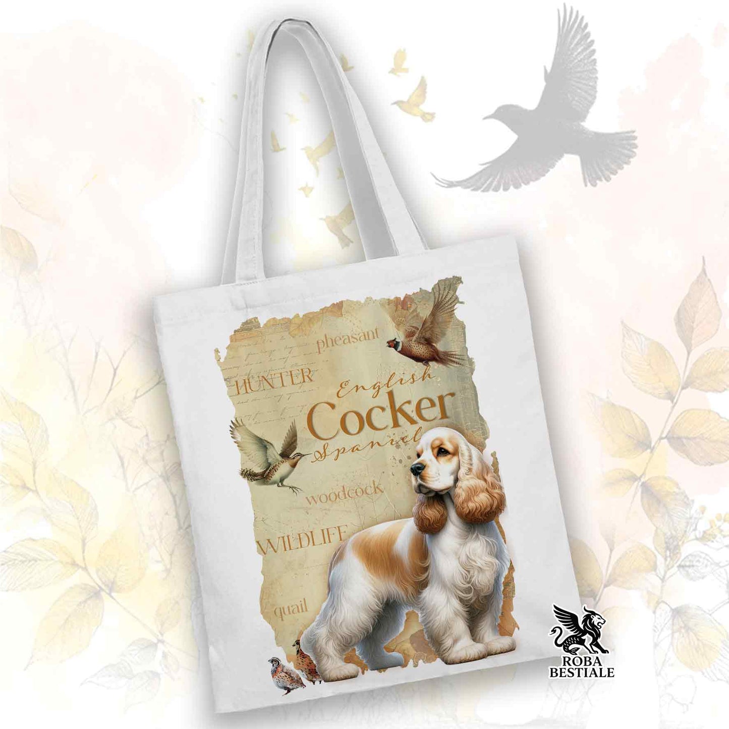 Tote Bag FIELD LEGACY - COCKER SPANIEL INGLESE Limone e Bianco - 100% Cotone - Bianca o Beige