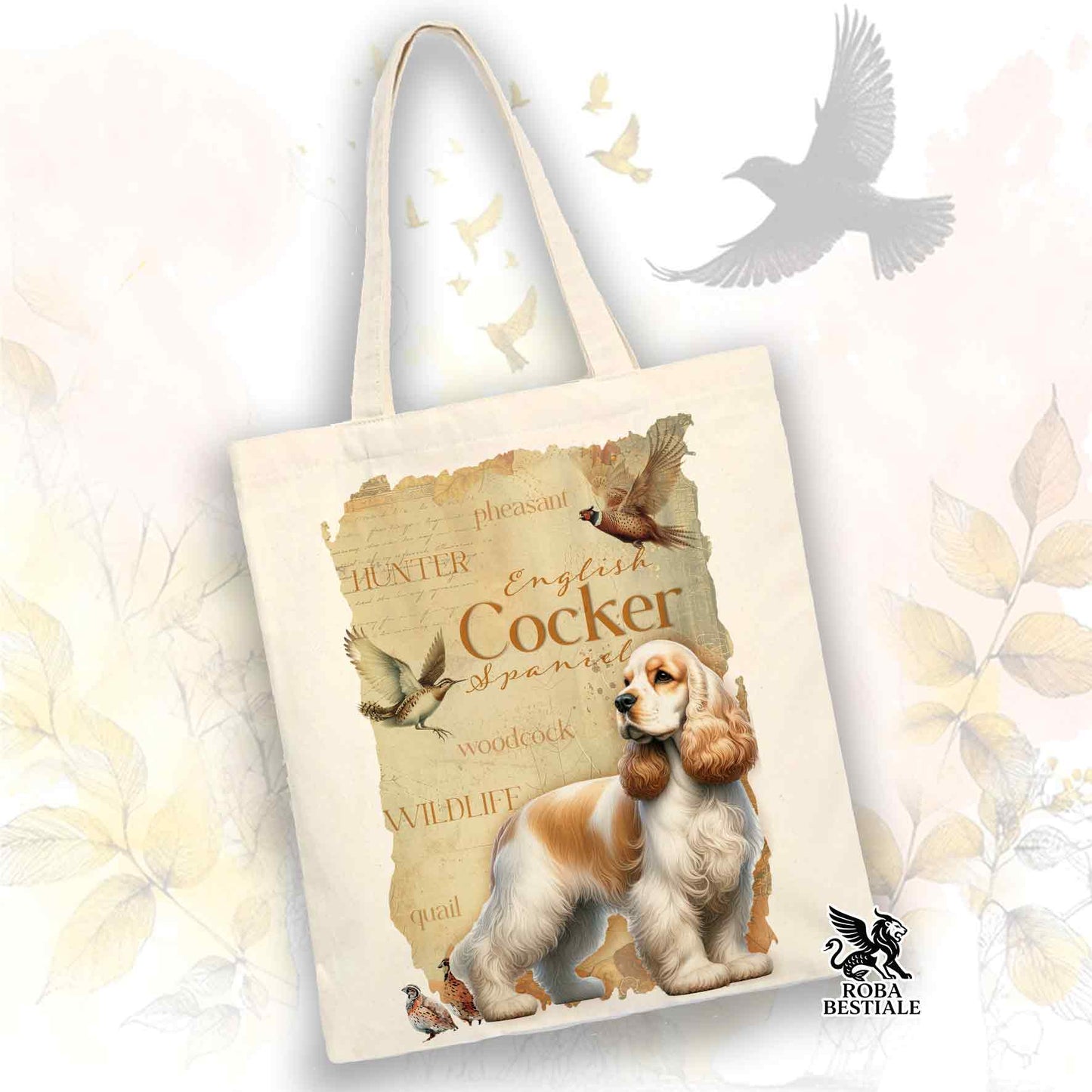 Tote Bag FIELD LEGACY - COCKER SPANIEL INGLESE Limone e Bianco - 100% Cotone - Bianca o Beige