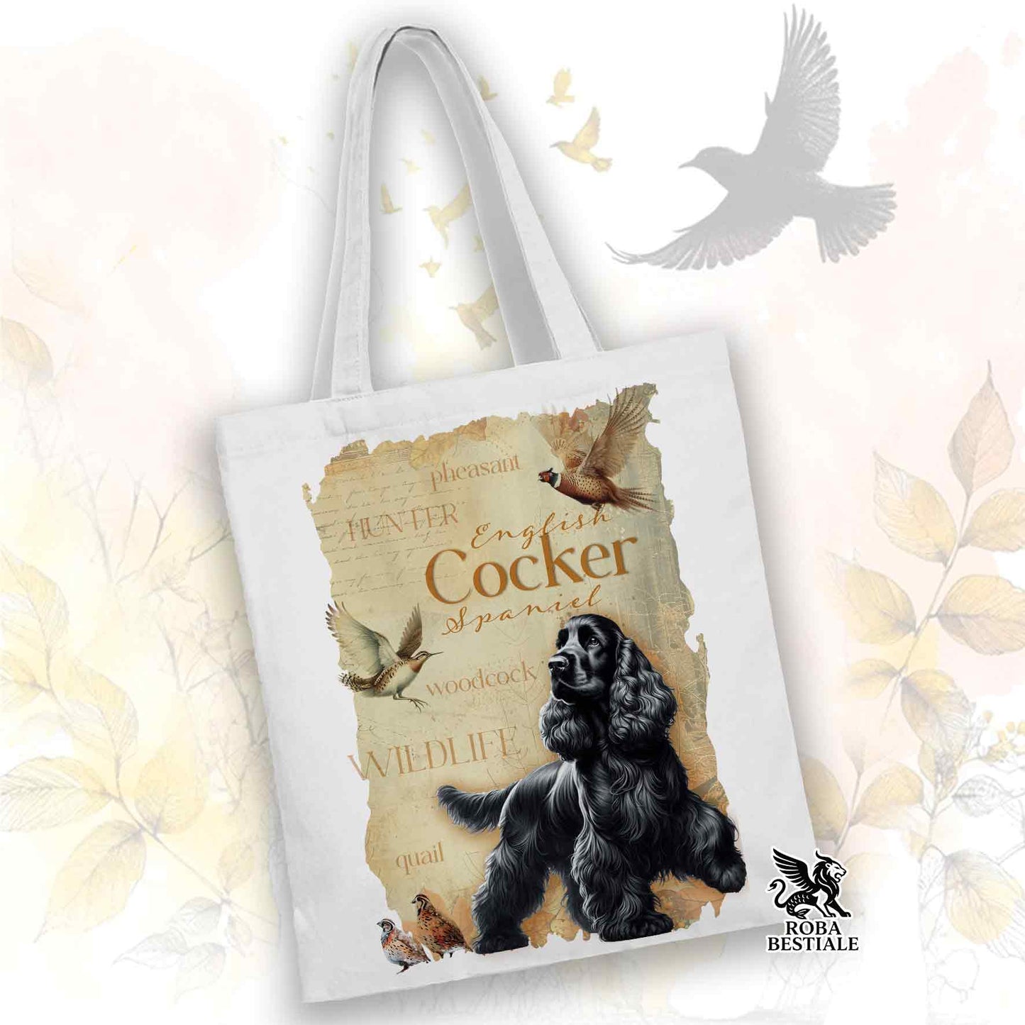 Tote Bag FIELD LEGACY - COCKER SPANIEL INGLESE Nero - 100% Cotone - Bianca o Beige