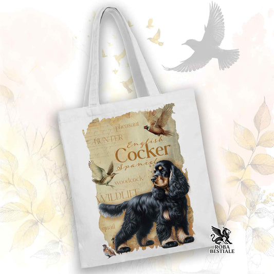 Tote Bag WILD HUNTERS - COCKER SPANIEL INGLESE Nero Focato - 100% Cotone - Bianca o Beige