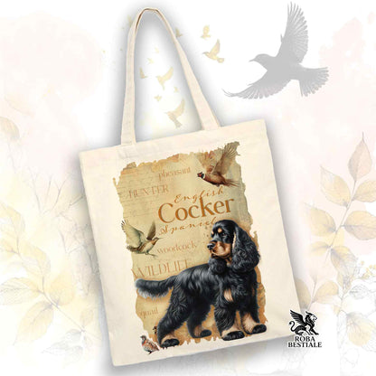 Tote Bag FIELD LEGACY - COCKER SPANIEL INGLESE Nero Focato - 100% Cotone - Bianca o Beige