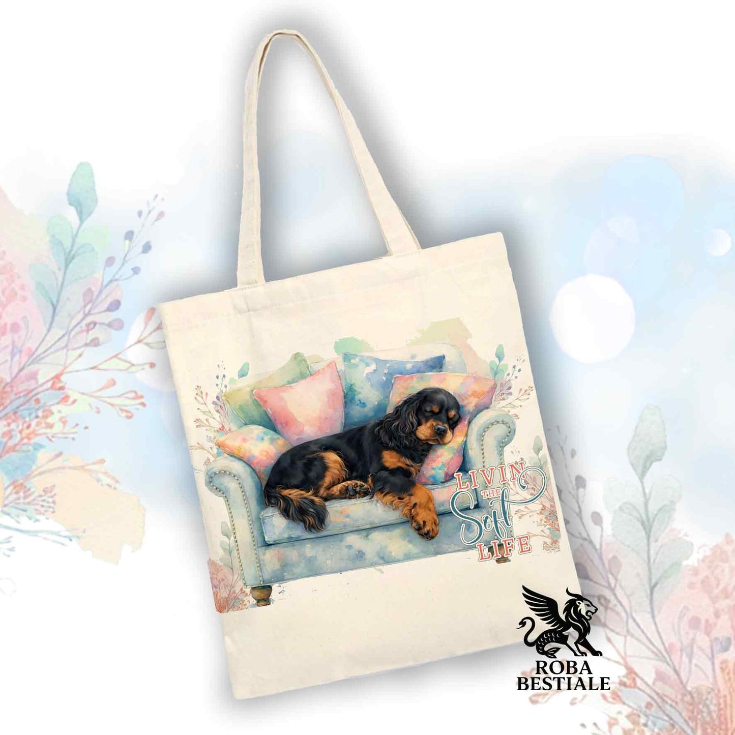 Tote Bag SOFT LIFE - COCKER SPANIEL INGLESE Nero Focato - 100% Cotone - Bianca o Beige