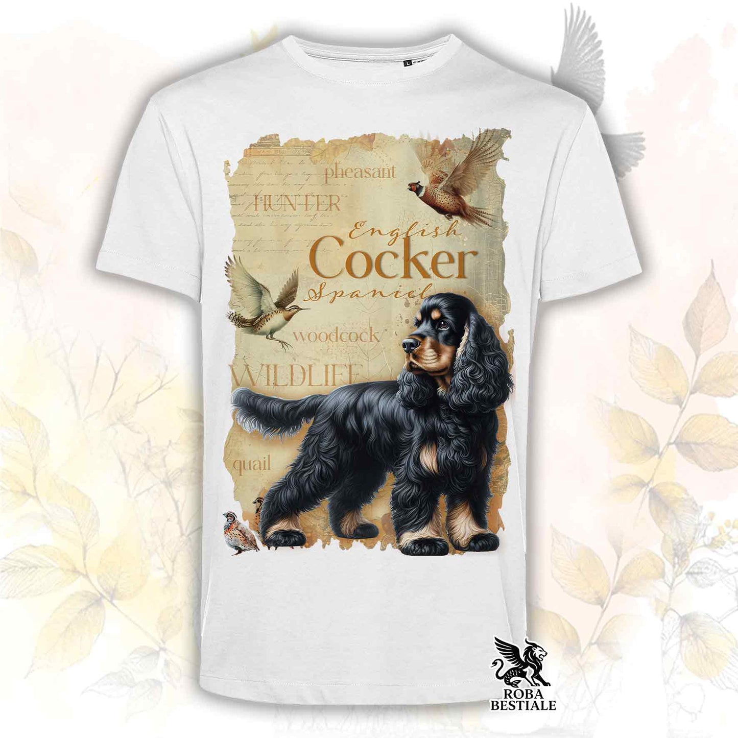 T-Shirt FIELD LEGACY - COCKER SPANIEL INGLESE Nero Focato - Bianca o Beige, da Uomo o da Donna - dalla XS alla 5XL