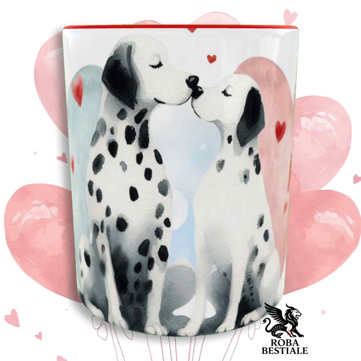 Tazza LOVE ME - DALMATA Bianco e Nero - In Ceramica, con dettagli Rossi - 330 ml