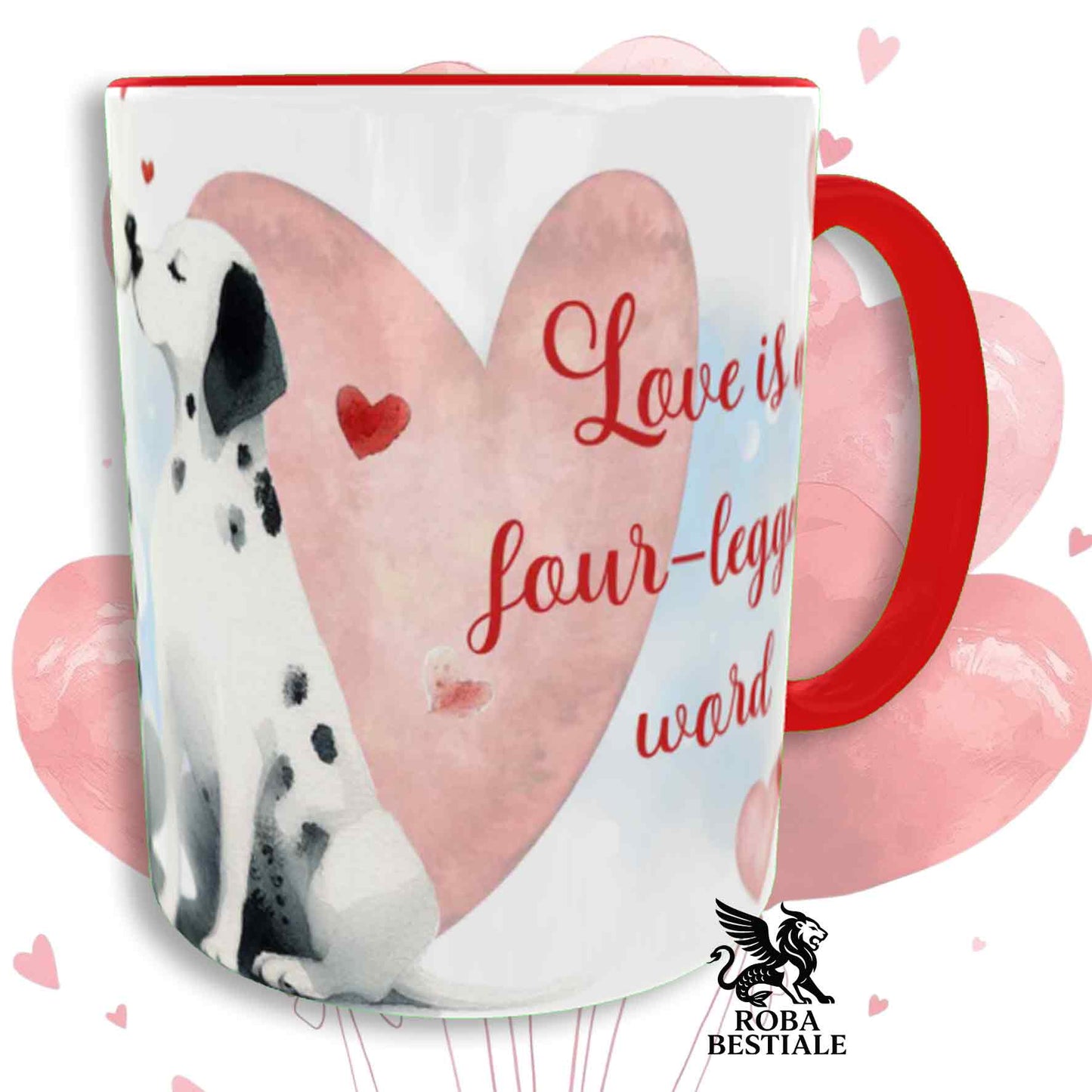 Tazza LOVE ME - DALMATA Bianco e Nero - In Ceramica, con dettagli Rossi - 330 ml