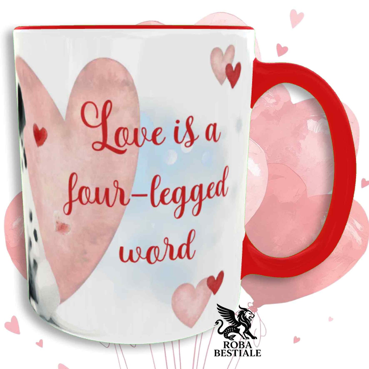 Tazza LOVE ME - DALMATA Bianco e Nero - In Ceramica, con dettagli Rossi - 330 ml