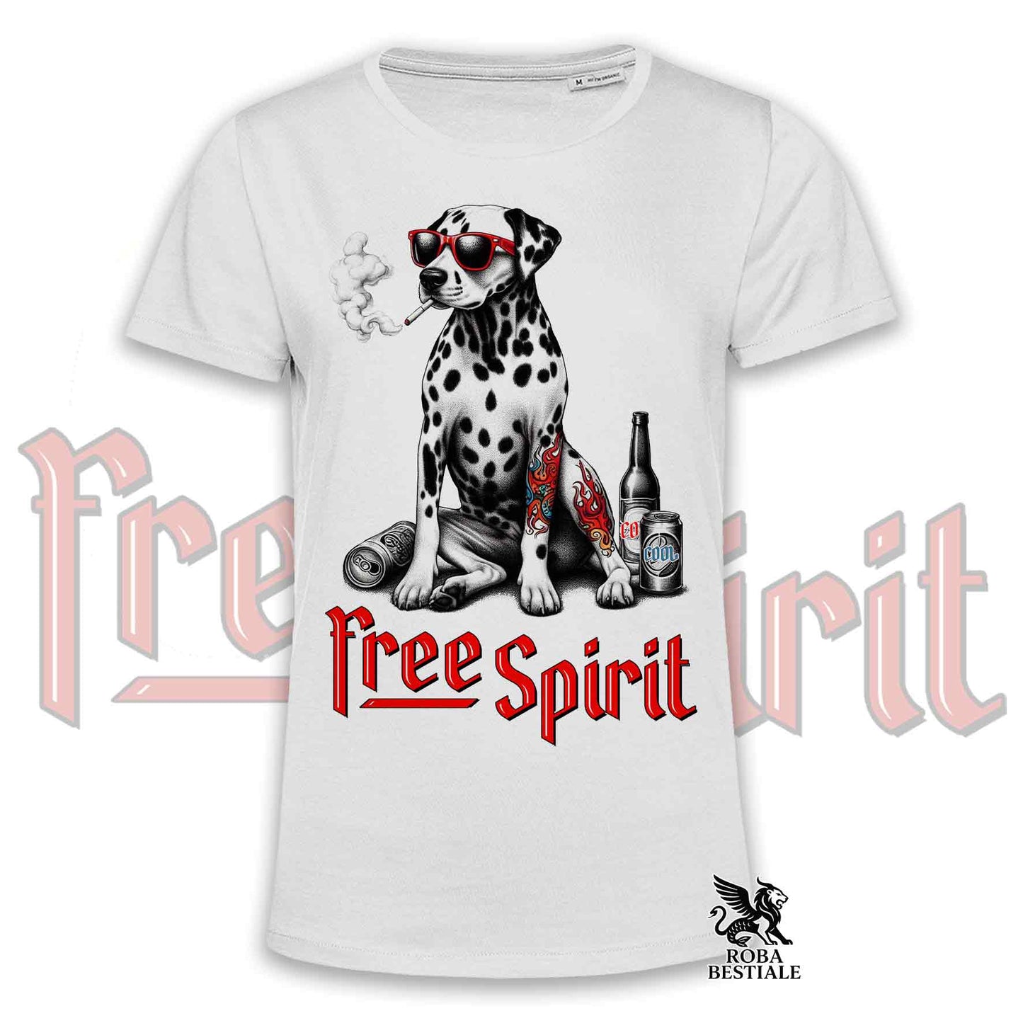 T-Shirt FREE SPIRIT - DALMATA - Bianca o Beige, da Uomo o da Donna - dalla XS alla 5XL