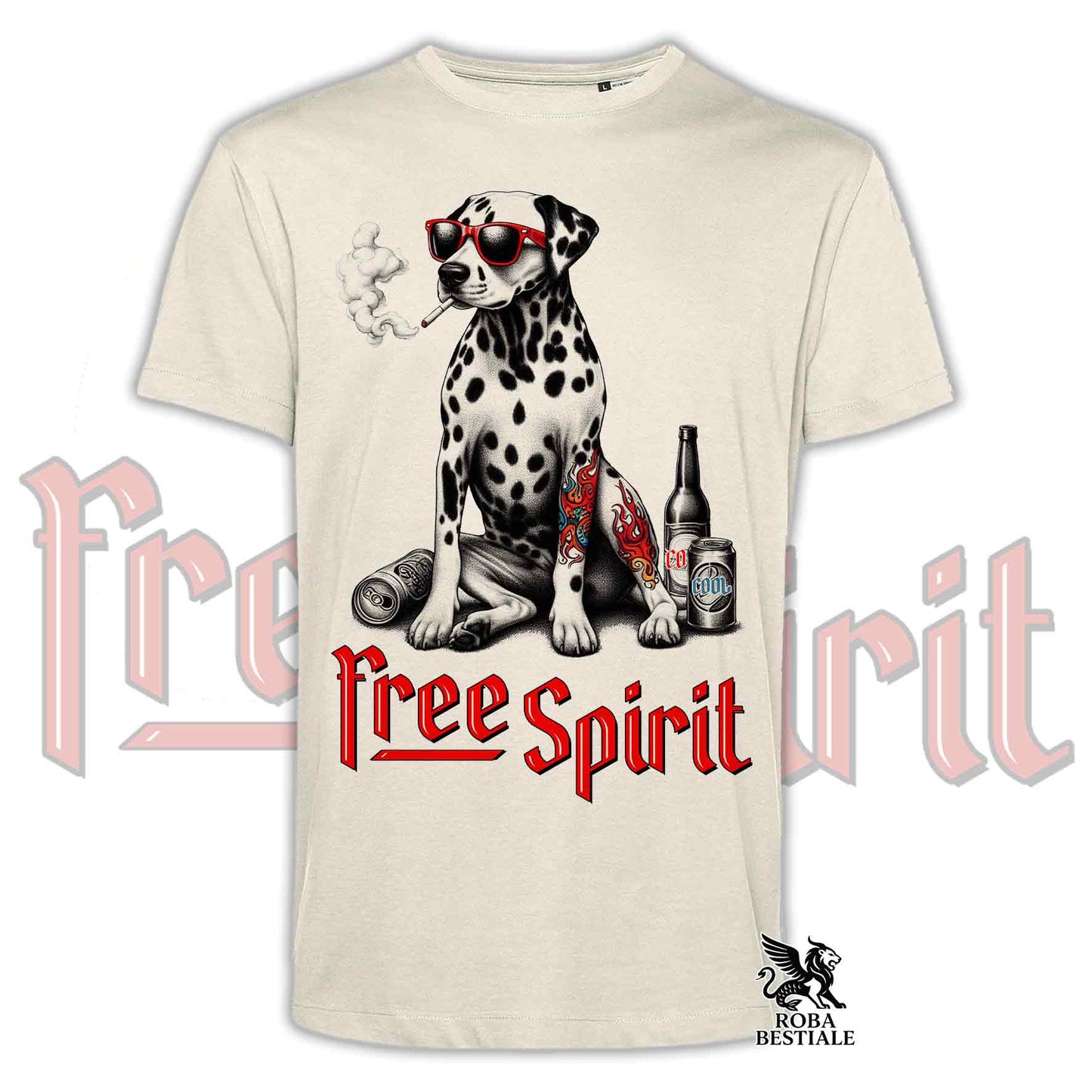 T-Shirt FREE SPIRIT - DALMATA - Bianca o Beige, da Uomo o da Donna - dalla XS alla 5XL