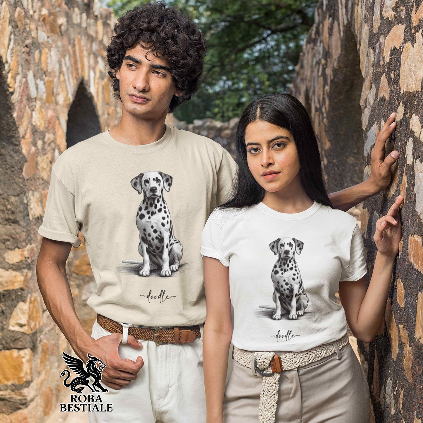 T-Shirt DOODLE - DALMATA - Bianca o Beige, da Uomo o da Donna - dalla XS alla 5XL