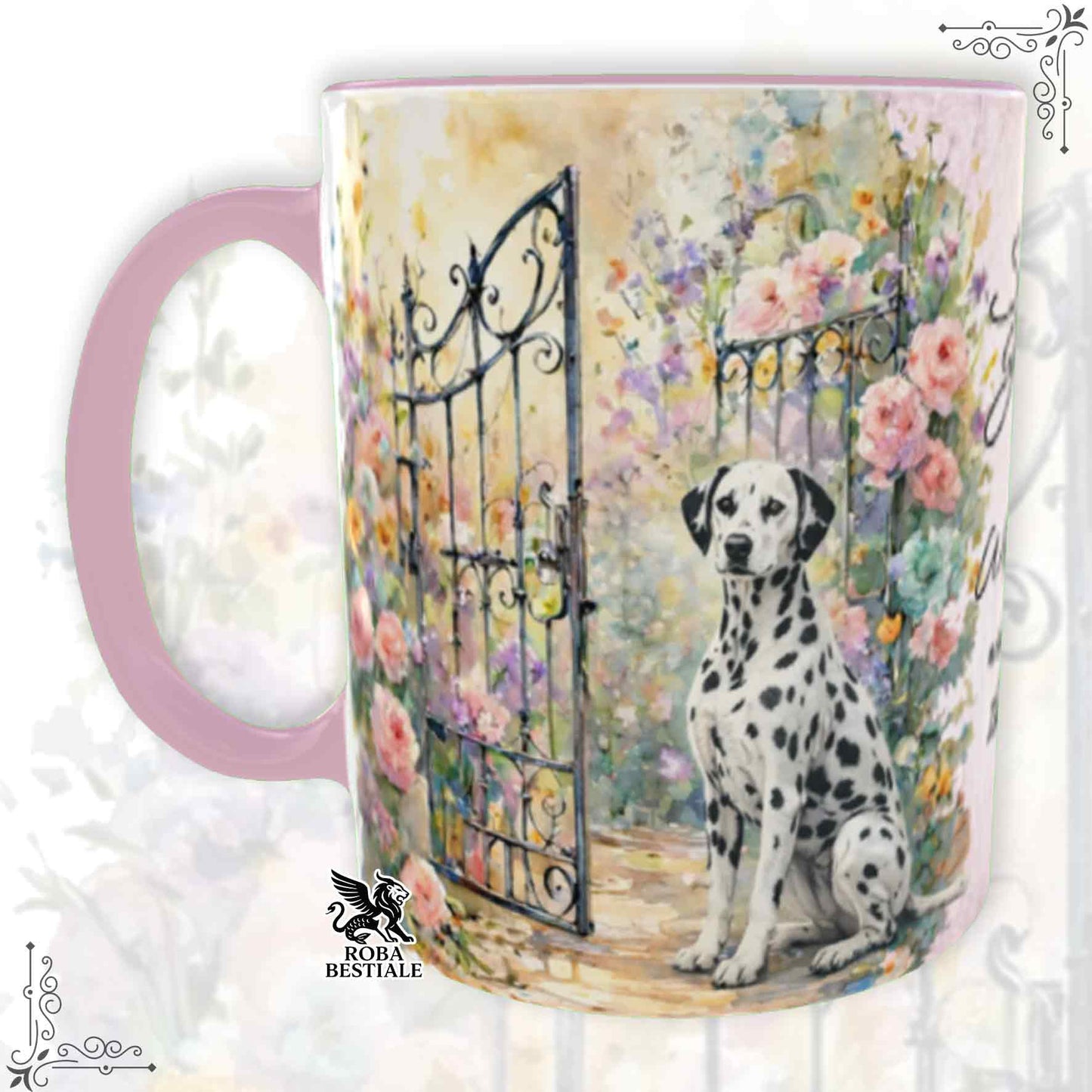 Tazza SECRET GARDEN - DALMATA Bianco e Nero - Dettagli ROSA - 330 ml - in Ceramica