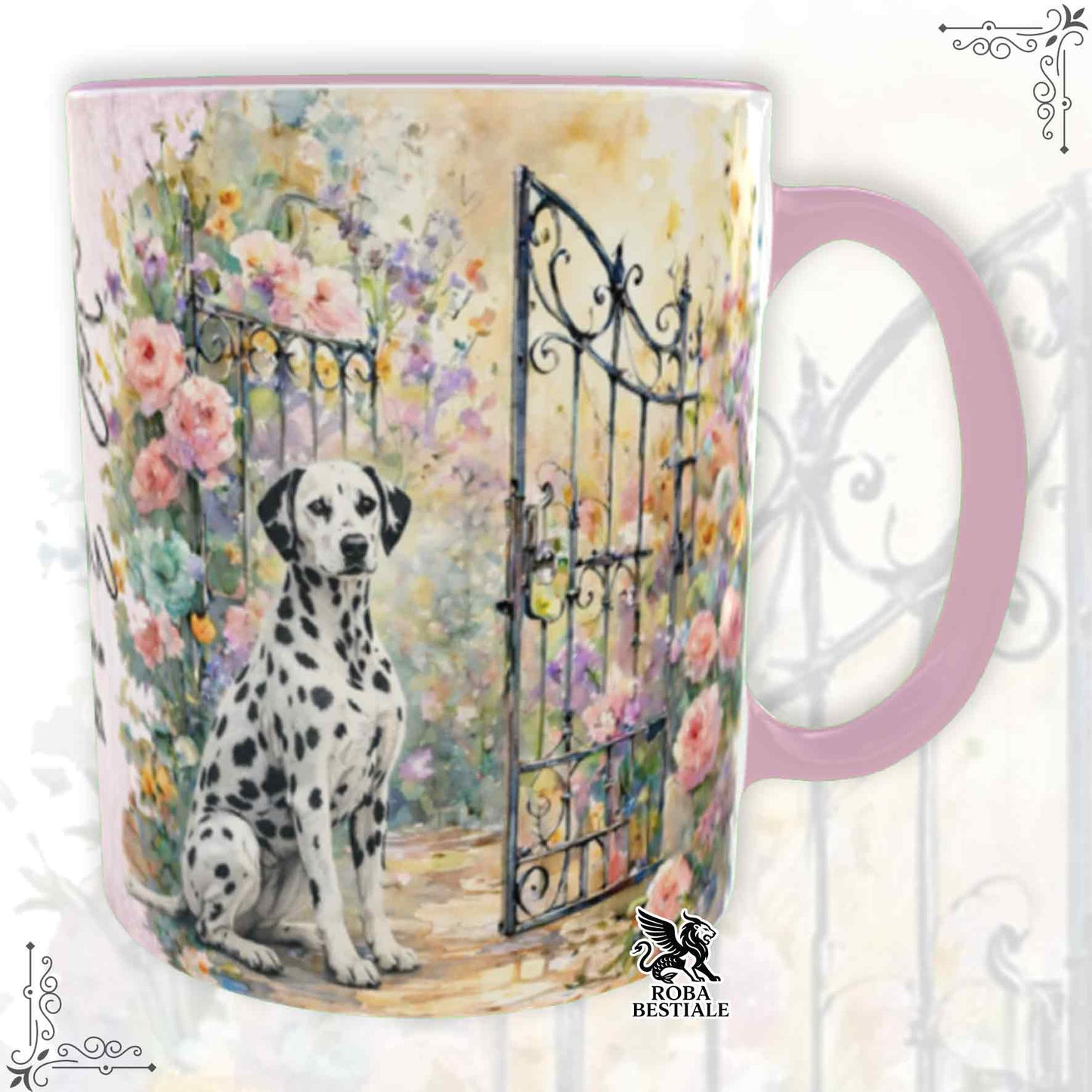 Tazza SECRET GARDEN - DALMATA Bianco e Nero - Dettagli ROSA - 330 ml - in Ceramica
