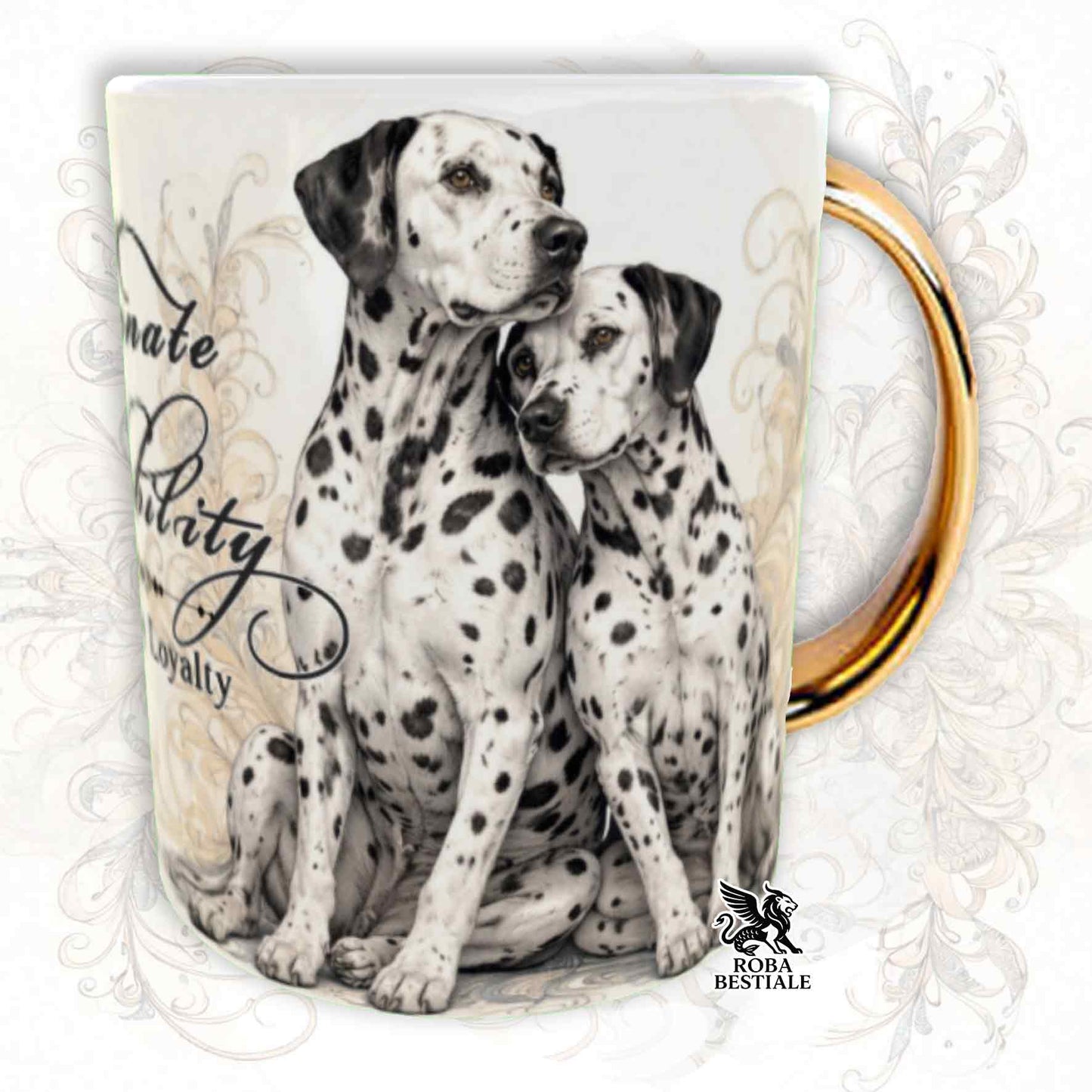 Tazza NOBILITY - DALMATA Bianco e Nero - Manico ORO - 330 ml - in Ceramica