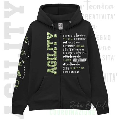 Felpa Zip DESCRIPTION - AGILITY - GLITTER! Unisex - Nera - Dettagli in Colore a Scelta - dalla XS alla 3XL