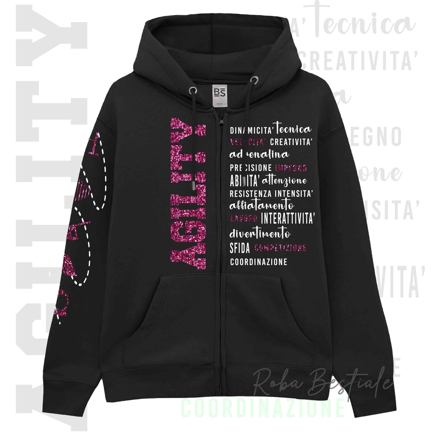 Felpa Zip DESCRIPTION - AGILITY - GLITTER! Unisex - Nera - Dettagli in Colore a Scelta - dalla XS alla 3XL