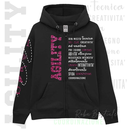Felpa Zip DESCRIPTION - AGILITY - GLITTER! Unisex - Nera - Dettagli in Colore a Scelta - dalla XS alla 3XL