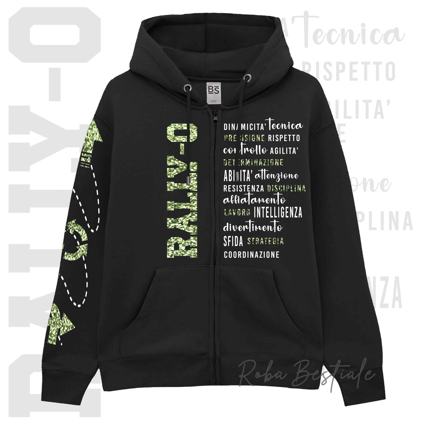 Felpa Zip DESCRIPTION - RALLY-O - GLITTER! Unisex - Nera - Dettagli in Colore a Scelta - dalla XS alla 3XL