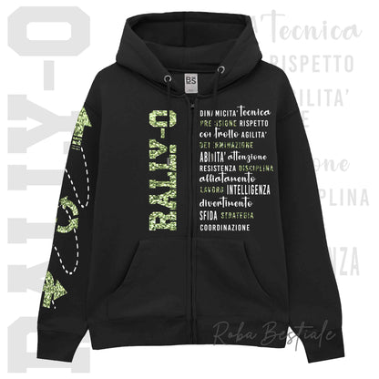 Felpa Zip DESCRIPTION - RALLY-O - GLITTER! Unisex - Nera - Dettagli in Colore a Scelta - dalla XS alla 3XL