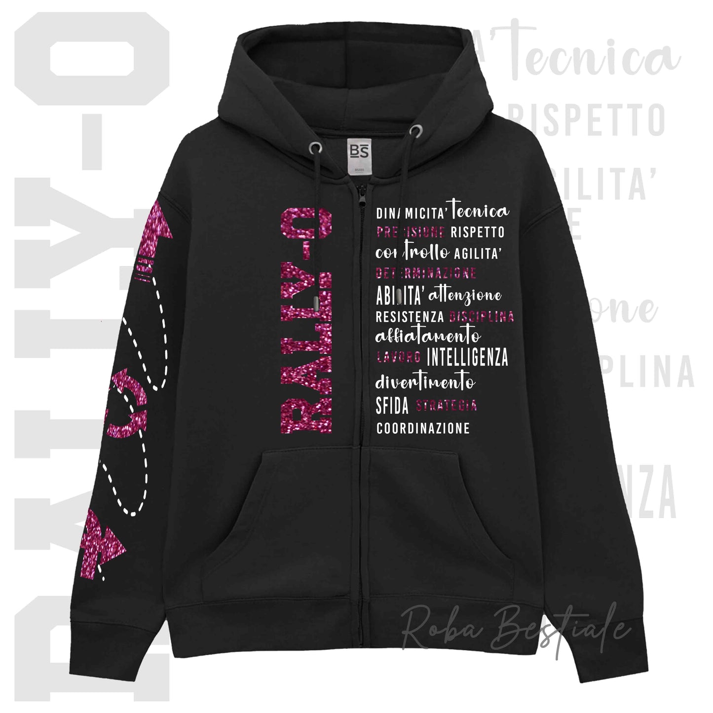 Felpa Zip DESCRIPTION - RALLY-O - GLITTER! Unisex - Nera - Dettagli in Colore a Scelta - dalla XS alla 3XL