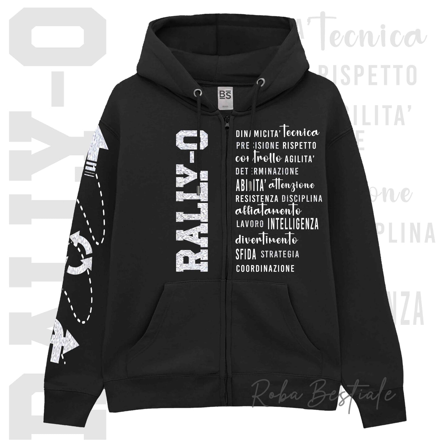Felpa Zip DESCRIPTION - RALLY-O - GLITTER! Unisex - Nera - Dettagli in Colore a Scelta - dalla XS alla 3XL