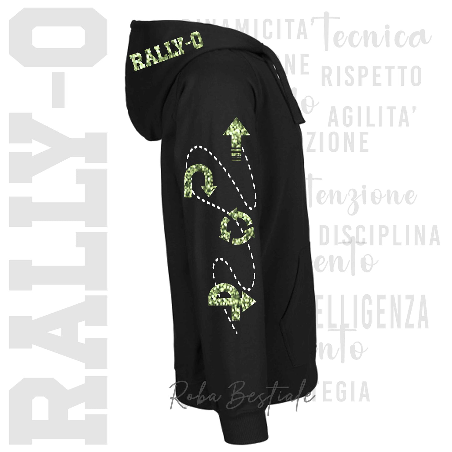 Felpa Zip DESCRIPTION - RALLY-O - GLITTER! Unisex - Nera - Dettagli in Colore a Scelta - dalla XS alla 3XL