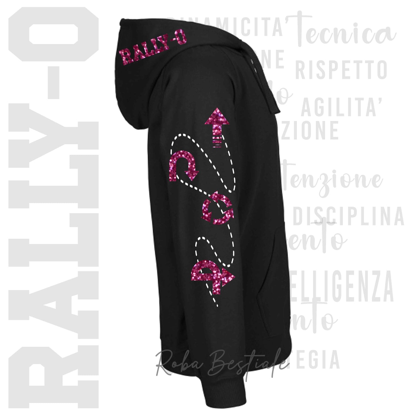 Felpa Zip DESCRIPTION - RALLY-O - GLITTER! Unisex - Nera - Dettagli in Colore a Scelta - dalla XS alla 3XL