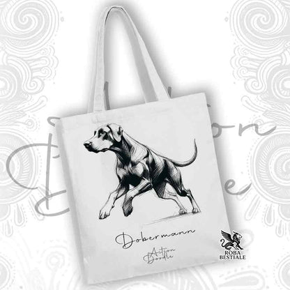 Tote Bag ACTION DOODLE - DOBERMANN - 100% Cotone - Bianca o Beige