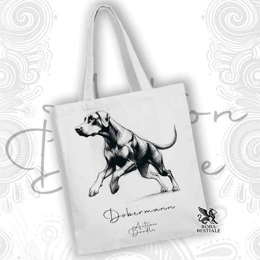 Tote Bag ACTION DOODLE - DOBERMANN - 100% Cotone - Bianca o Beige