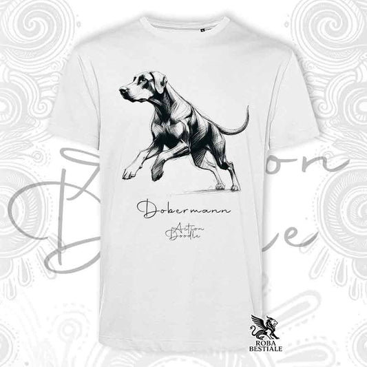 T-Shirt ACTION DOODLE - DOBERMANN - Bianca o Beige, da Uomo o da Donna - dalla XS alla 5XL