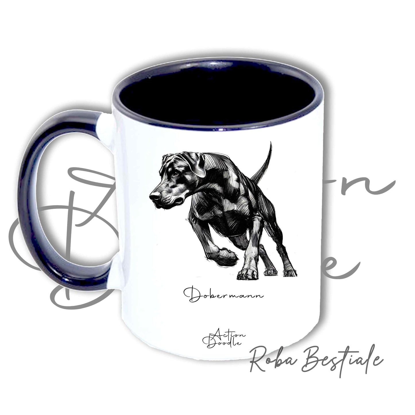 Tazza ACTION DOODLE - DOBERMANN 1 - In Ceramica, con manico e interno colorati - 330 ml