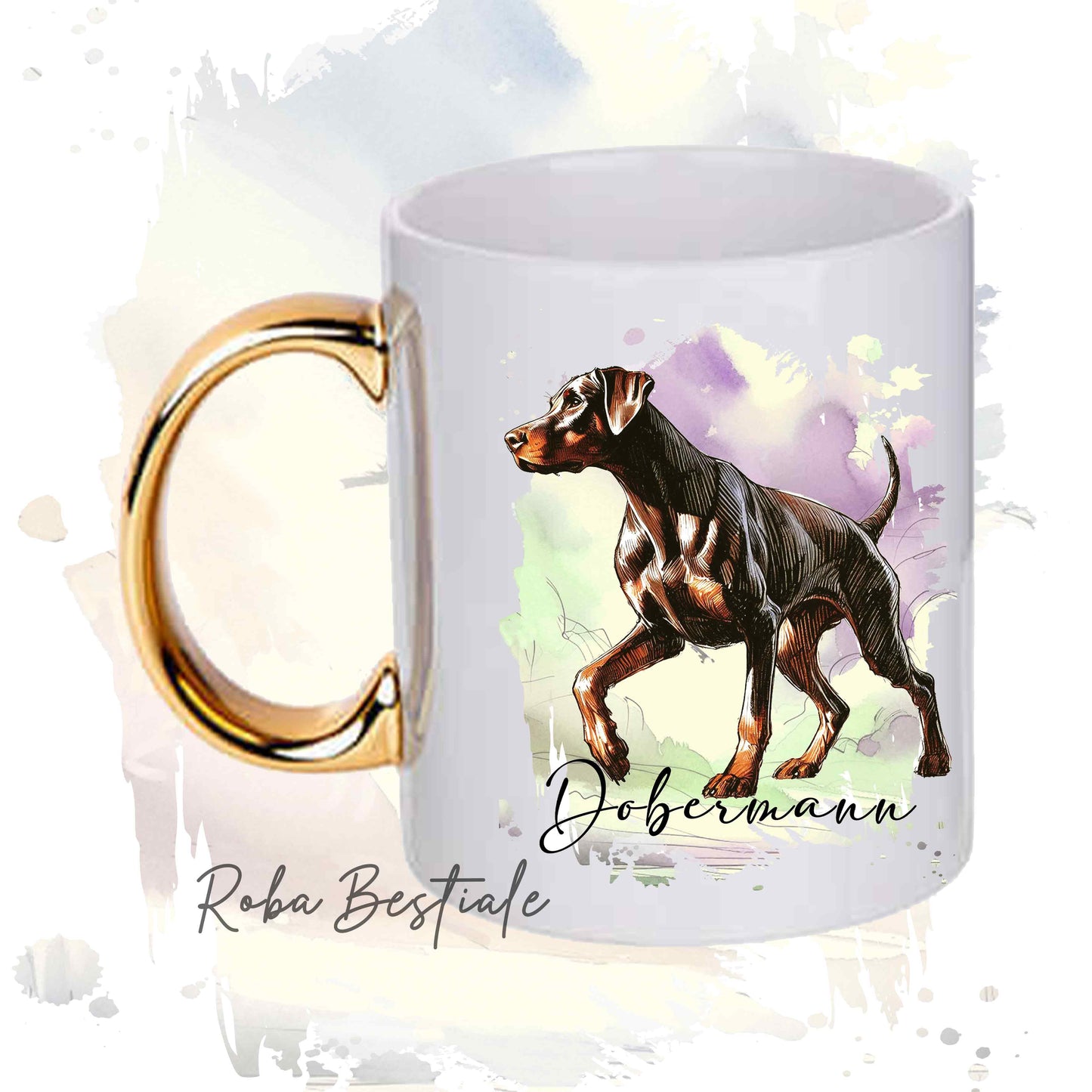 Tazza BEHAVIOR - DOBERMANN Marrone Focato - Standard FCI - In Ceramica, con manico dorato - 330 ml