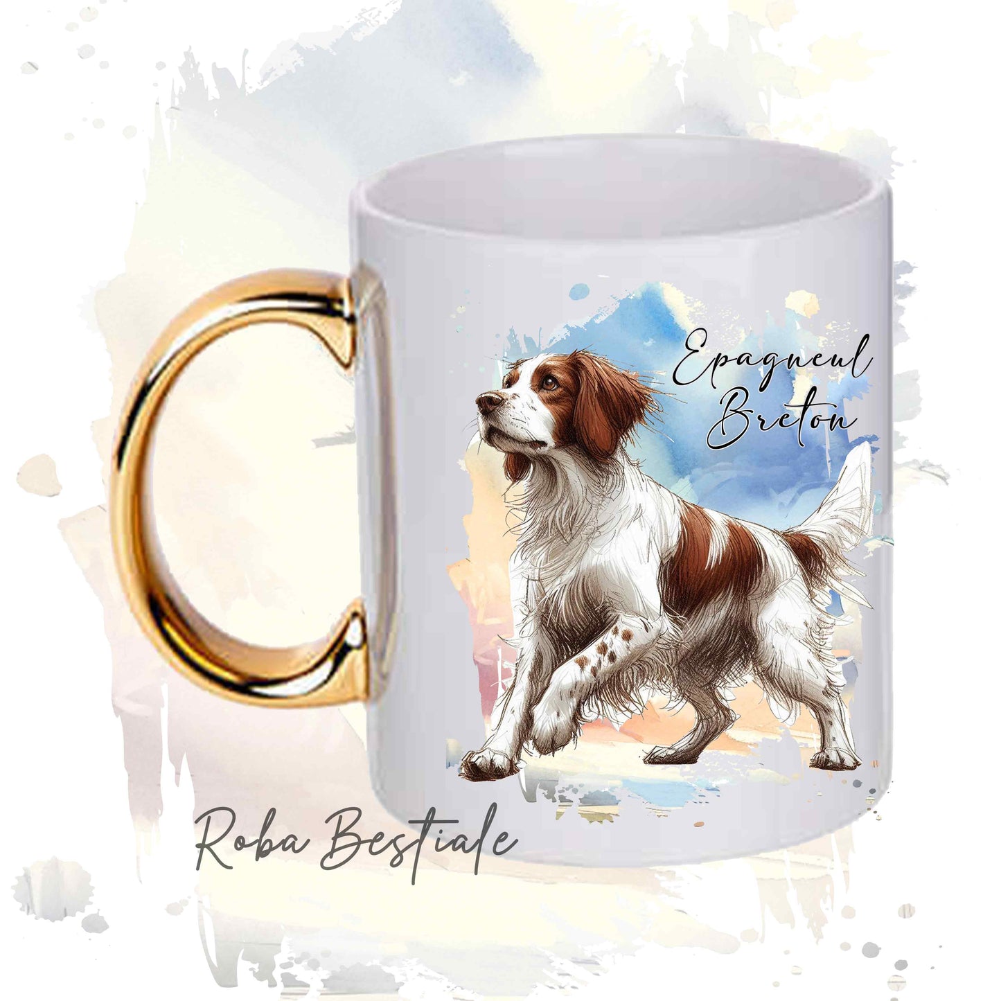 Tazza BEHAVIOR - EPAGNEUL BRETON o BRITTANY SPANIEL Bianco Marrone - In Ceramica, con manico dorato - 330 ml