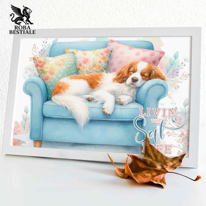 Quadretto SOFT LIFE - EPAGNEUL BRETON Bianco e Arancio - Con cornice in legno, formato A4