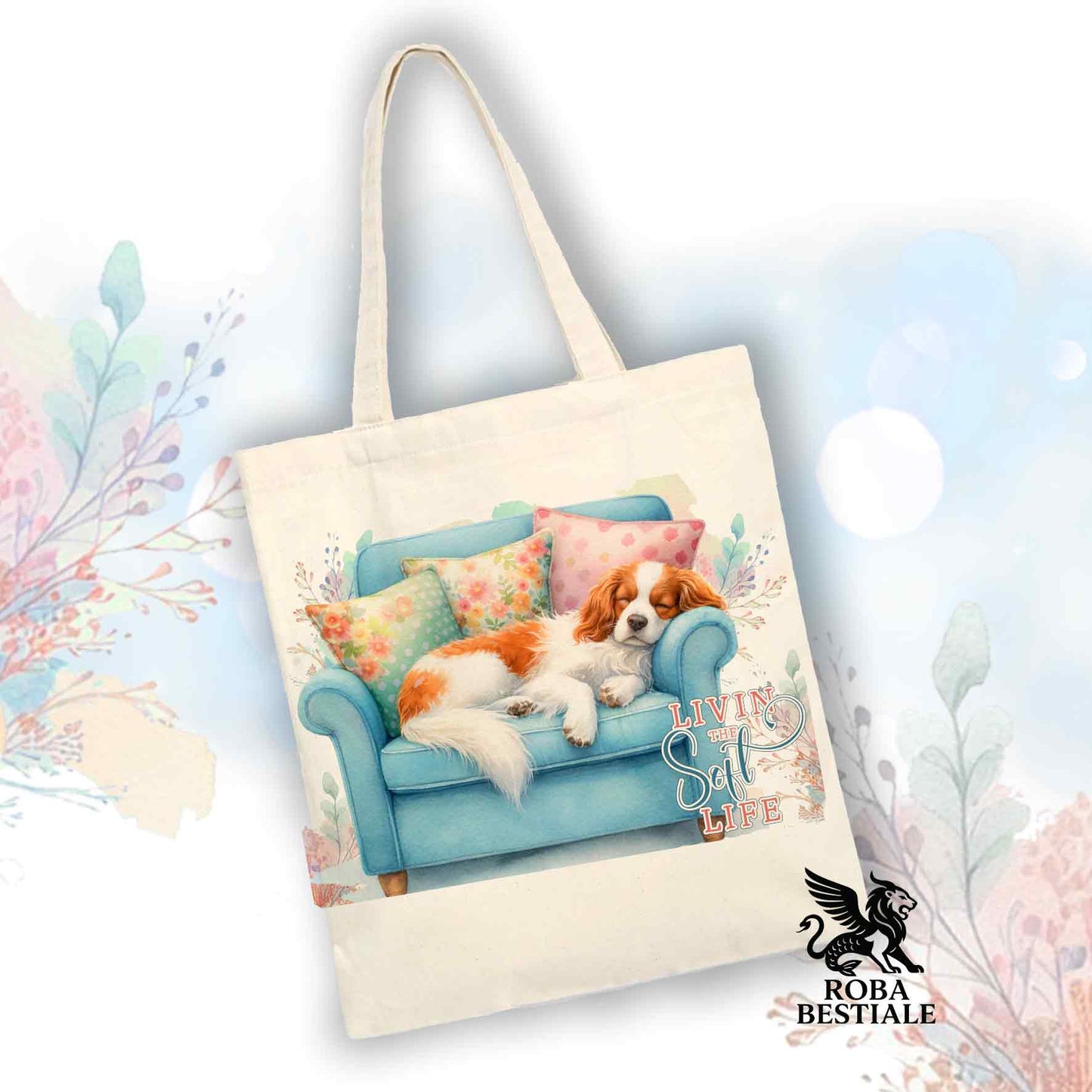 Tote Bag SOFT LIFE - EPAGNEUL BRETON Bianco e Arancio - 100% Cotone - Bianca o Beige