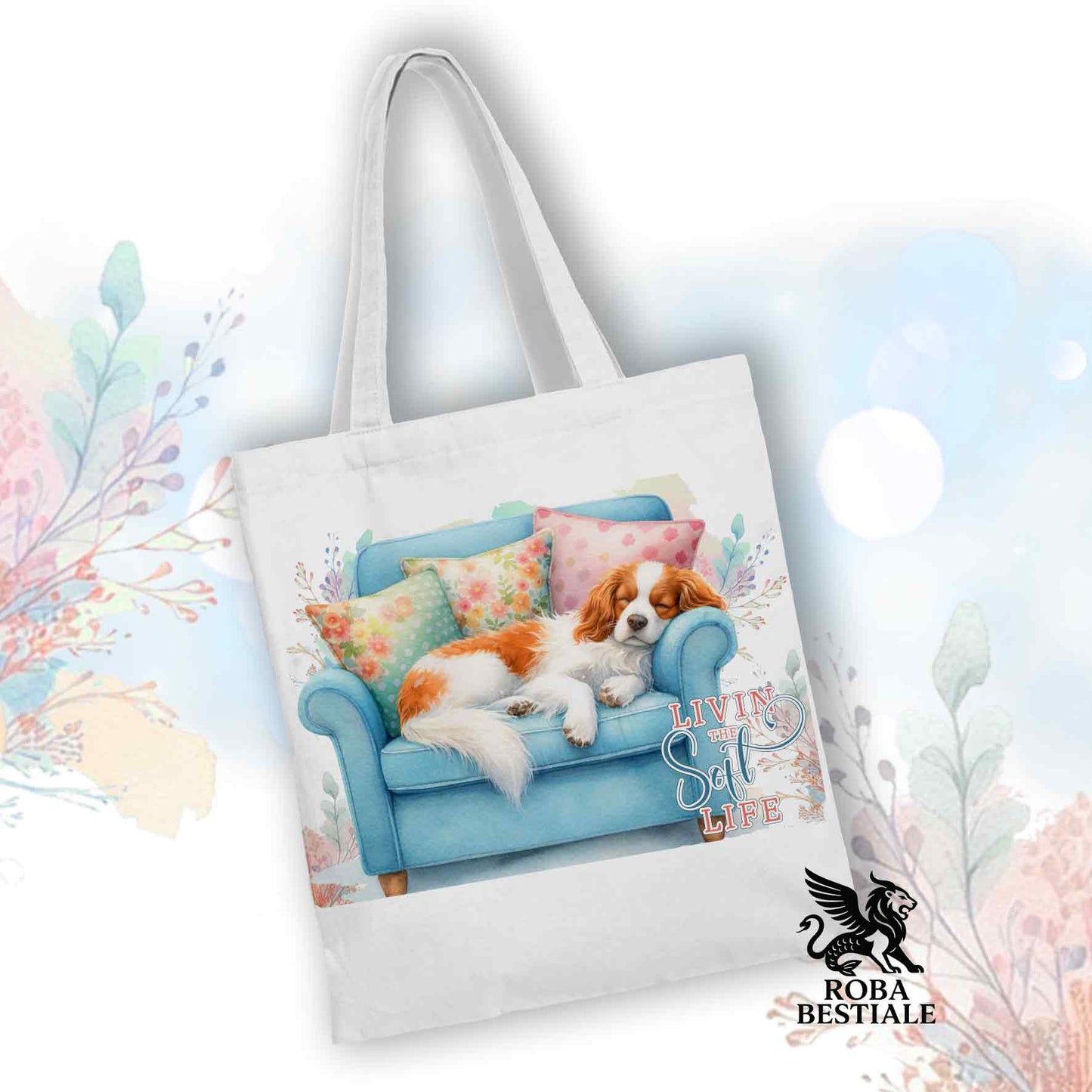 Tote Bag SOFT LIFE - EPAGNEUL BRETON Bianco e Arancio - 100% Cotone - Bianca o Beige