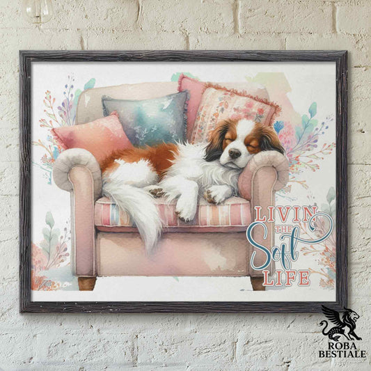 Quadretto SOFT LIFE - EPAGNEUL BRETON Bianco e Marrone - Con cornice in legno, formato A4