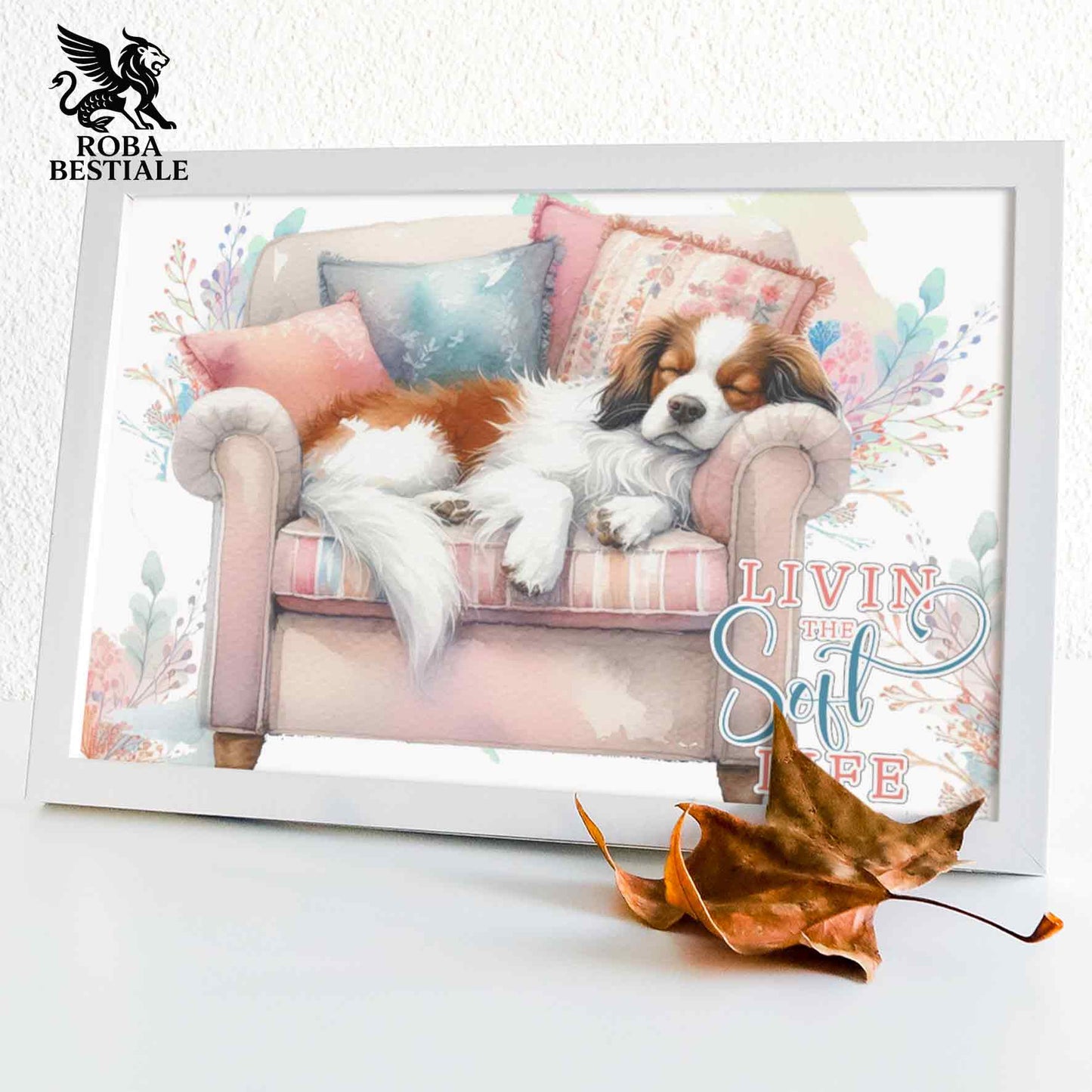 Quadretto SOFT LIFE - EPAGNEUL BRETON Bianco e Marrone - Con cornice in legno, formato A4