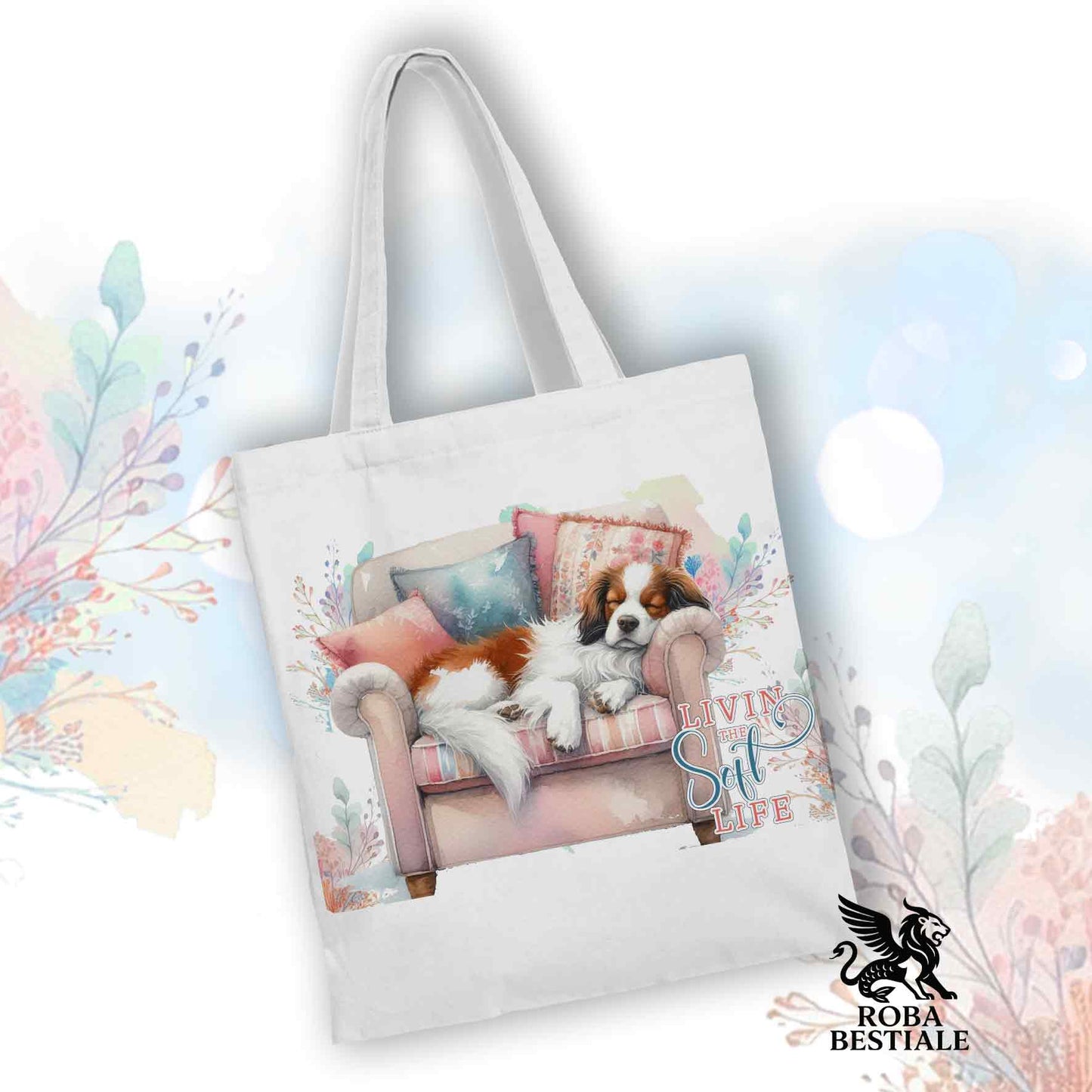 Tote Bag SOFT LIFE - EPAGNEUL BRETON Bianco e Marrone - 100% Cotone - Bianca o Beige