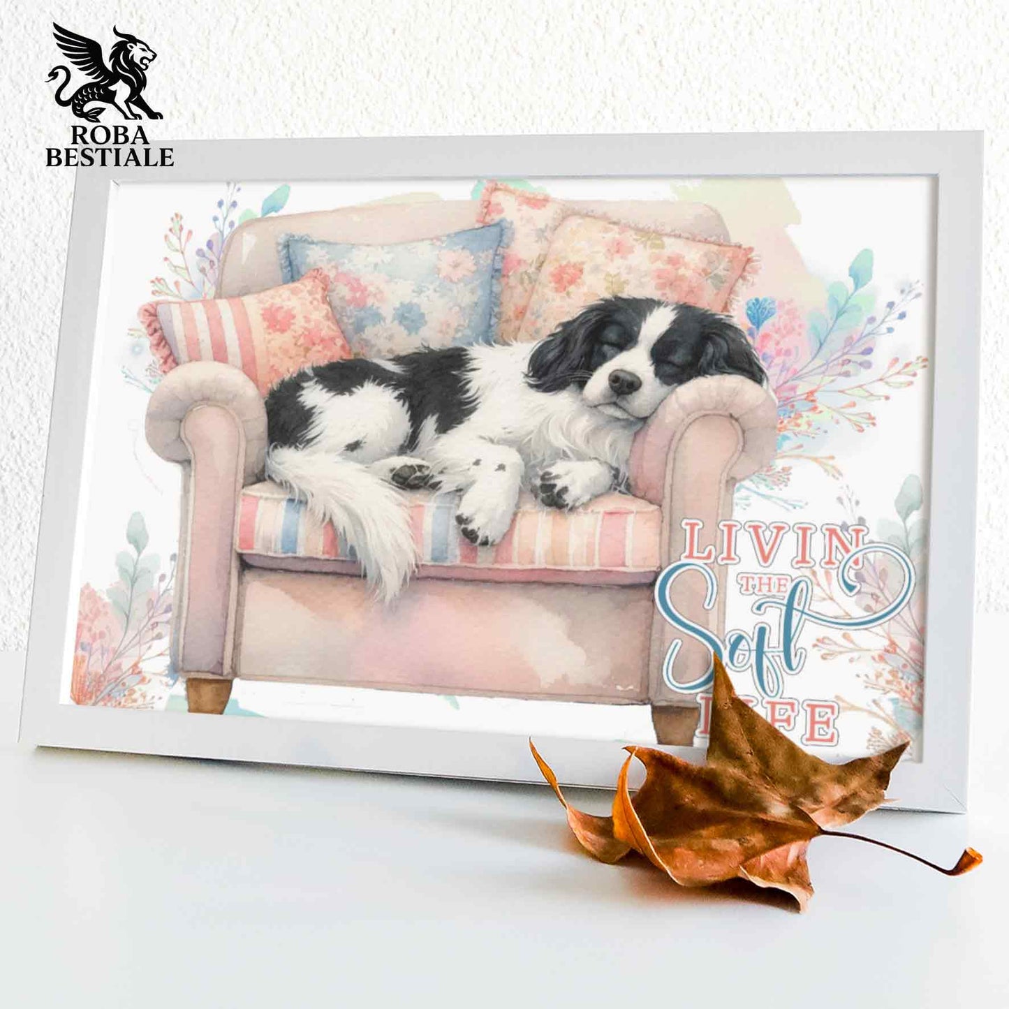 Quadretto SOFT LIFE - EPAGNEUL BRETON Bianco e Nero - Con cornice in legno, formato A4