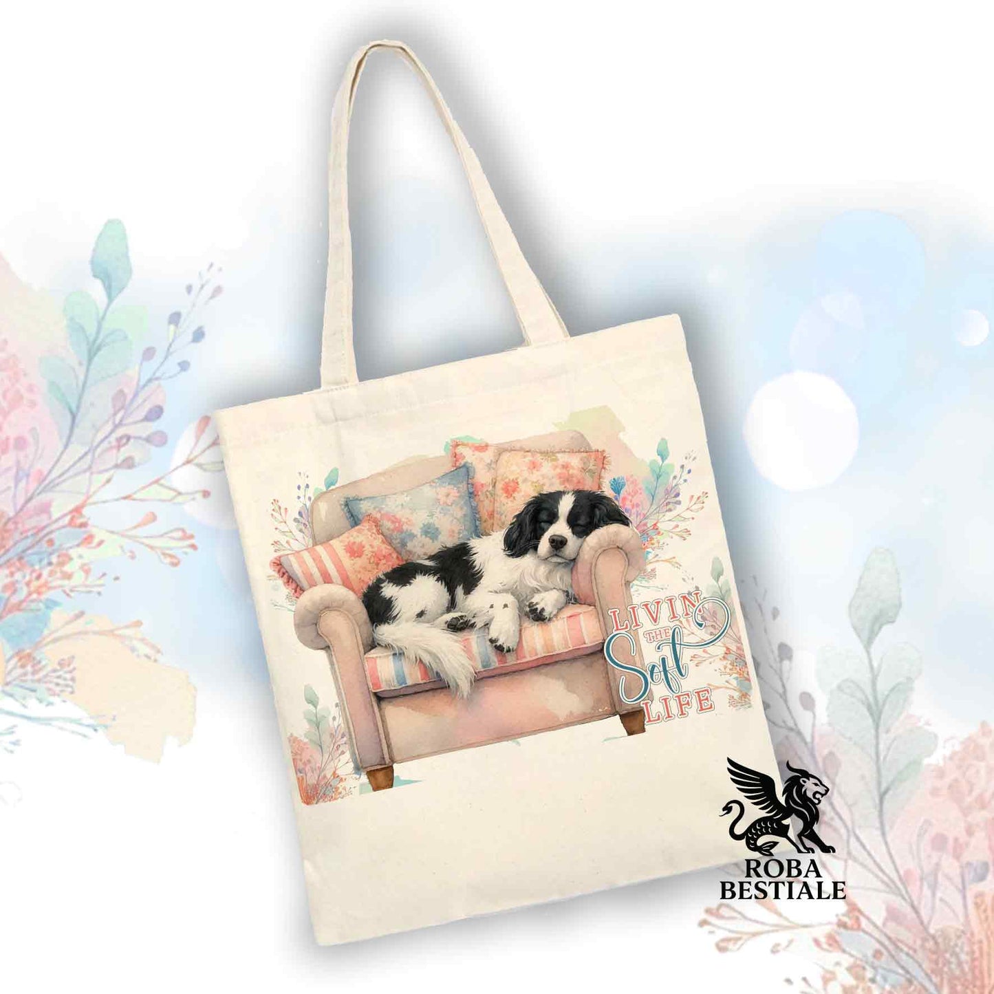 Tote Bag SOFT LIFE - EPAGNEUL BRETON Bianco e Nero - 100% Cotone - Bianca o Beige