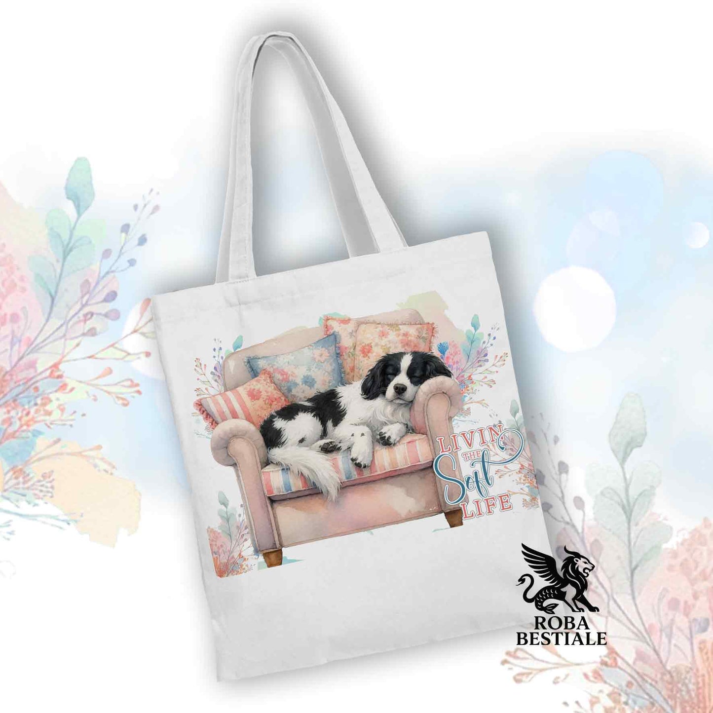 Tote Bag SOFT LIFE - EPAGNEUL BRETON Bianco e Nero - 100% Cotone - Bianca o Beige