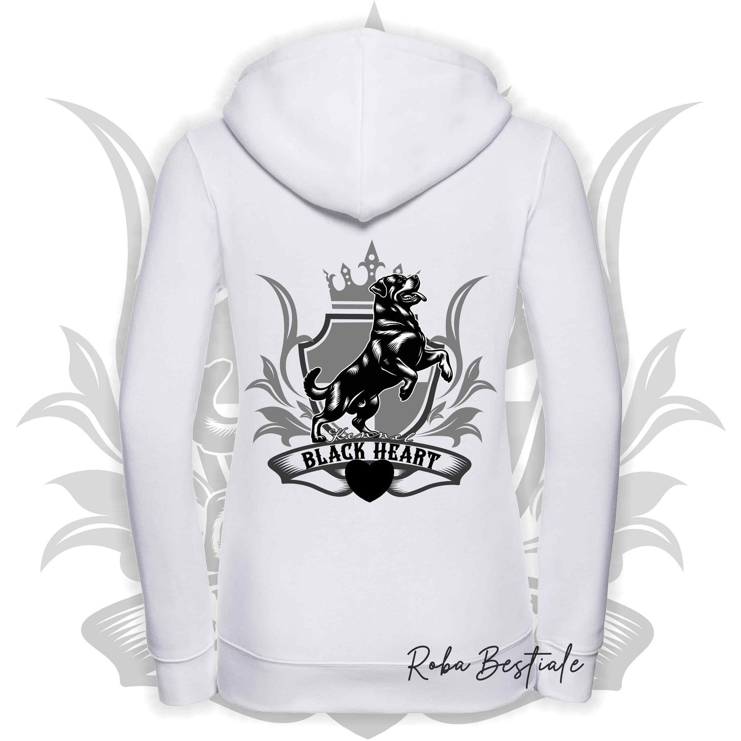 Felpa BLACK HEART Kennel - BIANCA - Felpata, Con Cappuccio e Full Zip, Uomo o Donna - dalla XS alla 5XL