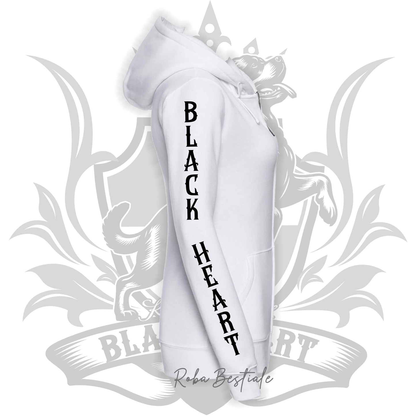 Felpa BLACK HEART Kennel - BIANCA - Felpata, Con Cappuccio e Full Zip, Uomo o Donna - dalla XS alla 5XL