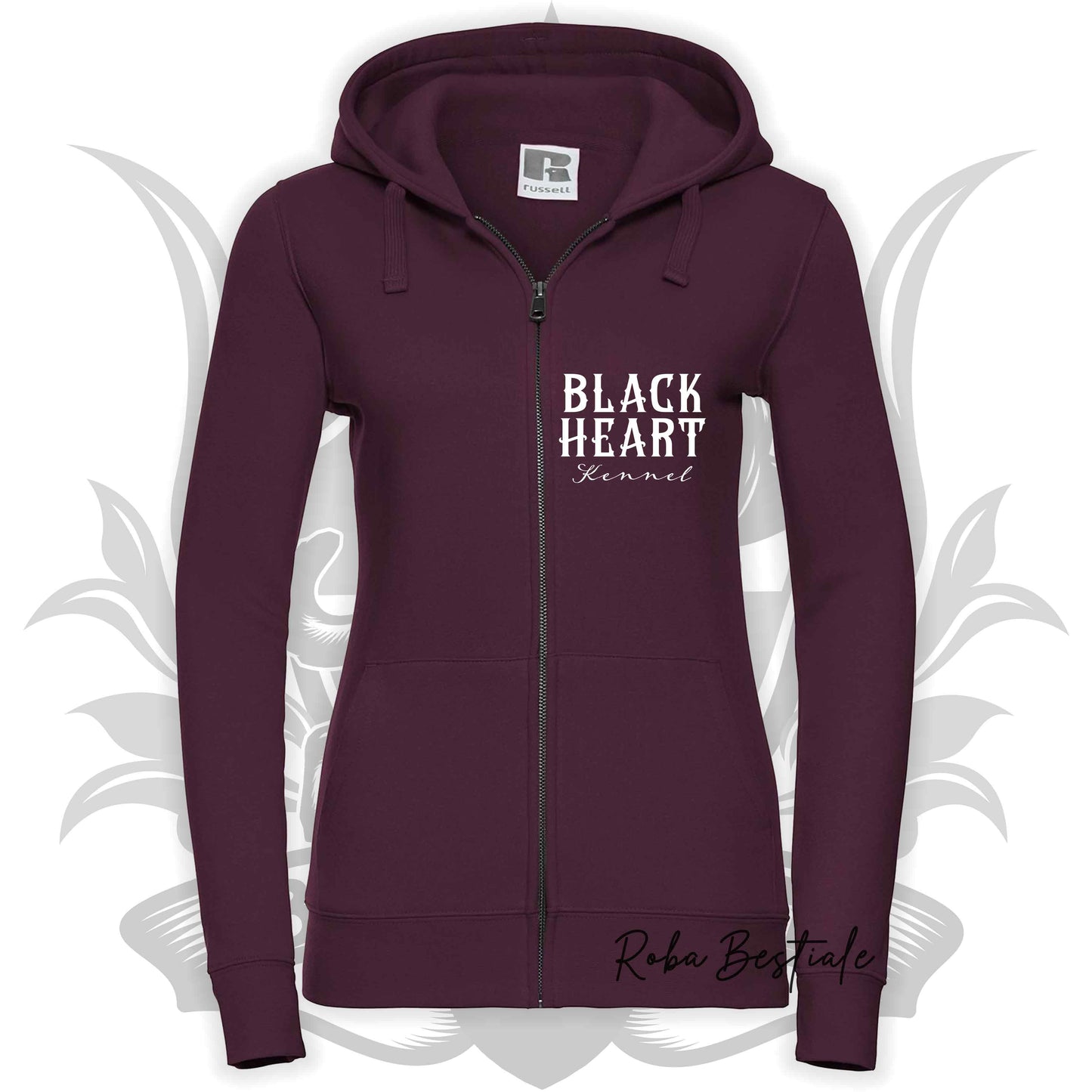Felpa BLACK HEART Kennel - BORDEAUX - Felpata, Con Cappuccio e Full Zip, Uomo o Donna - dalla XS alla 5XL