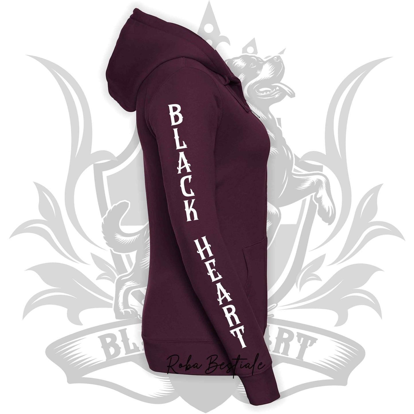 Felpa BLACK HEART Kennel - BORDEAUX - Felpata, Con Cappuccio e Full Zip, Uomo o Donna - dalla XS alla 5XL